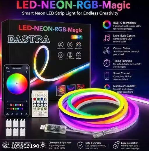 Stivon 5V RGB Neon LED Strip Light 5 Meter – Mobile App & Remote Controlled Neon Rope Lights | USB Powered Waterproof Strip for Room Decor, Gaming Setup, DIY Neon Signs, Party & Diwali Decoration