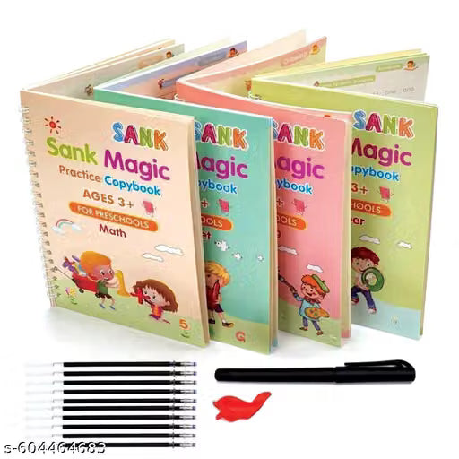 Sank Magic Practice Copybook, (4 Books + 10 Refills + 1 Pen +1 Grip) Number Tracing Book for Preschoolers with Pen, Magic Calligraphy Copybook Set Practical Reusable Writing Tool Easy Hand Lettering