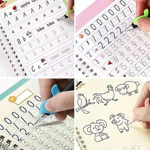Sank Magic Practice Copybook, (4 Books + 10 Refills + 1 Pen +1 Grip) Number Tracing Book for Preschoolers with Pen, Magic Calligraphy Copybook Set Practical Reusable Writing Tool Easy Hand Lettering