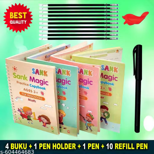 Sank Magic Practice Copybook, (4 Books + 10 Refills + 1 Pen +1 Grip) Number Tracing Book for Preschoolers with Pen, Magic Calligraphy Copybook Set Practical Reusable Writing Tool Easy Hand Lettering